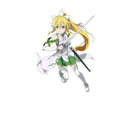 Rule 34 | 1girl, armor, asuna (sao), asuna (sao) (cosplay), blonde hair, cosplay, detached sleeves, full body, green eyes, green skirt, hair ornament, highres, holding, holding sword, holding weapon, leafa, long hair, official art, pleated skirt, pointy ears, ponytail, simple background, skirt, smile, solo, sword, sword art online, sword art online: code register, thighhighs, weapon, white armor, white background, white thighhighs