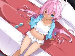 Rule 34 | 1girl, ahoge, bed, bikini, blue-tinted eyewear, blue archive, blue jacket, breasts, frilled bikini, frills, from above, gin (shioyude), glasses, halo, heterochromia, hoshino (blue archive), hoshino (swimsuit) (blue archive), jacket, long hair, looking at viewer, navel, official alternate costume, on bed, pink hair, sitting, small breasts, solo, sunglasses, swimsuit, tan, tinted eyewear, twintails, white-framed eyewear, white bikini
