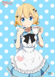 Rule 34 | 1girl, ahoge, alice in wonderland, apron, black bow, black neckwear, blonde hair, blue background, blue dress, blue eyes, blush, bow, coffee mug, commentary request, cup, dress, flower, hair between eyes, hair flower, hair ornament, heart, heart print, highres, holding, holding cup, looking at viewer, mug, original, polka dot, polka dot background, ragho no erika, short hair, short sleeves, solo, translation request, twintails, uchino chika, white apron, white flower