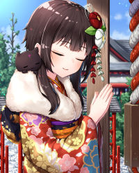 Rule 34 | 1girl, animal, blue sky, blush, breasts, brown hair, cat, chomusuke, closed eyes, closed mouth, commentary request, day, floral print, flower, from side, hair flower, hair ornament, hands up, hatsumoude, japanese clothes, kimono, kono subarashii sekai ni shukufuku wo!, long hair, long sleeves, megumin, new year, obi, outdoors, own hands together, pensuke, praying, print kimono, red flower, sash, shrine, sky, smile, solo, standing, upper body, white flower, wide sleeves