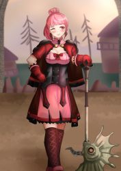Rule 34 | 1girl, absurdres, axe, bare tree, blush, boots, commentary, cross-laced footwear, dress, english commentary, feet out of frame, fire emblem, fire emblem: three houses, fire emblem warriors, fire emblem warriors: three hopes, freikugel (weapon), gloves, grin, highres, hilda valentine goneril, knee boots, lace-up boots, looking to the side, nintendo, official alternate costume, one eye closed, outdoors, pink dress, pink eyes, pink hair, planted, ponytail, red gloves, short dress, short hair, short sleeves, smile, solo, standing, tree, weapon, zipperqr