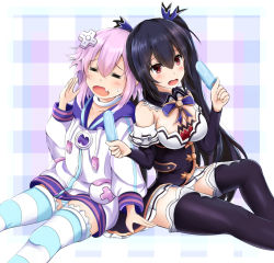 Rule 34 | 2girls, bare shoulders, black hair, blush, breasts, bridal gauntlets, checkered background, d-pad, dress, female focus, food, hair ornament, hair ribbon, hairclip, hood, hoodie, ice cream, lingerie, long hair, mctom, multiple girls, neptune (neptunia), neptune (series), noire (neptunia), open mouth, panties, pantyshot, pink hair, popsicle, ribbon, short hair, sitting, skirt, small breasts, striped clothes, striped legwear, striped panties, striped thighhighs, thighhighs, twintails, underwear, upskirt, very long hair