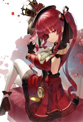 Rule 34 | 1girl, absurdres, black gloves, black hat, blunt bangs, breasts, brown footwear, cleavage, closed mouth, commentary request, detached sleeves, eyepatch, flower, gloves, hat, highres, hololive, houshou marine, large breasts, long hair, looking at viewer, petals, red eyes, red flower, red hair, red rose, red skirt, rose, scottie (phantom2), see-through, see-through cleavage, shoes, sitting, skirt, smile, solo, thighhighs, twintails, virtual youtuber, white thighhighs