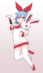 Rule 34 | 1girl, :&lt;, artist name, ascot, bare shoulders, blue hair, blush, cellphone, child, closed mouth, covered navel, detached collar, detached sleeves, disgaea, dress, female focus, flat chest, full body, gradient background, hairband, half-closed eyes, hand up, holding, holding phone, holding stuffed toy, kionant, leg up, long sleeves, looking at viewer, musical note, phone, pink background, pleinair, red ascot, red eyes, red footwear, red hairband, shoes, short hair, sidelocks, signature, simple background, skindentation, smartphone, solo, standing, standing on one leg, strapless, strapless dress, stuffed animal, stuffed rabbit, stuffed toy, thighhighs, usagi-san, white dress, white sleeves, white thighhighs, zettai ryouiki