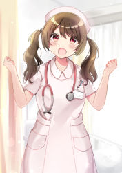 Rule 34 | 1girl, :d, bad id, bad pixiv id, blurry, blurry background, blush, brown hair, collared dress, commentary request, depth of field, dress, fang, hair between eyes, hands up, hat, highres, long hair, looking at viewer, minami saki, nurse, nurse cap, open mouth, original, pink dress, pink hat, red eyes, short sleeves, smile, solo, stethoscope, twintails