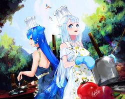 Rule 34 | 2girls, adapted costume, alternate costume, amatsuka uto, apron, back-to-back, backless dress, backless outfit, bao (vtuber), blue dress, blue eyes, blue hair, blush, chef hat, commentary, cooking, dress, english commentary, hat, highres, holding, holding knife, indie virtual youtuber, knife, liquid hair, long hair, looking at viewer, looking down, multiple girls, open mouth, overcooked, pot, red eyes, silver hair, smile, tomato, tree, very long hair, virtual youtuber, white dress, xykaku