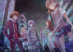 Rule 34 | 3boys, 3girls, accelerator (toaru majutsu no index), alternate eye color, black hair, blazer, blonde hair, blue eyes, brown hair, building, cane, closed mouth, coin, collarbone, collared shirt, commentary, denim, dress, dress shirt, elbow gloves, electricity, electrokinesis, energy, fantasy, feathers, feet out of frame, full body, gloves, glowing, glowing eye, glowing eyes, grin, hands in pockets, hands on own hips, headband, highres, holding, holding coin, jacket, jacket on shoulders, jeans, kakine teitoku, lightning, long hair, long sleeves, looking at viewer, looking back, messy hair, miniskirt, misaka mikoto, motuki221, mugino shizuri, multiple boys, multiple girls, open clothes, open jacket, orange eyes, pants, psychic, purple eyes, red shirt, rising sun flag, road, school uniform, science fiction, shirt, shoes, shokuhou misaki, short sleeves, shorts, shorts under skirt, skirt, smile, sogiita gunha, standing, striped clothes, striped shirt, sunburst, sweater vest, thighhighs, toaru majutsu no index, toaru majutsu no index: new testament, tokiwadai school uniform, two-tone shirt, v-shaped eyebrows, white feathers, white gloves, white hair, white headwear, white legwear, white pants, white shirt, white shorts, yellow eyes