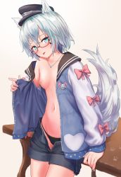 Rule 34 | 1girl, absurdres, animal ears, aqua eyes, bare shoulders, black hat, black panties, black shorts, fox ears, fox girl, fox tail, glasses, hat, highres, jacket, jewelry, long sleeves, looking at viewer, necklace, nipples, no bra, no shirt, off shoulder, open clothes, open fly, open jacket, panties, peaked cap, red-framed eyewear, roke (taikodon), semi-rimless eyewear, short hair, short shorts, shorts, silver hair, solo, stomach, table, tail, tongue, tongue out, under-rim eyewear, underwear, vrchat, yuyake hino