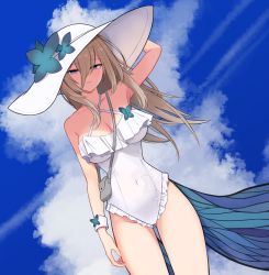 Rule 34 | 1girl, absurdres, aponia (honkai impact), aponia (mesmerizing blue), arm up, bag, bebetang, blue eyes, blue sky, breasts, brown hair, butterfly wings, cleavage, cloud, collarbone, commentary, covered navel, frilled swimsuit, frills, hair between eyes, handbag, hat, highres, honkai (series), honkai impact 3rd, insect wings, large breasts, long hair, looking at viewer, one-piece swimsuit, outdoors, sky, solo, standing, sun hat, swimsuit, wings