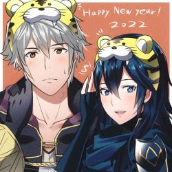 Rule 34 | 1boy, 1girl, 2022, ameno (a meno0), blue eyes, blue hair, brown eyes, elbow gloves, fingerless gloves, fire emblem, fire emblem awakening, gloves, grey hair, hairband, happy new year, long hair, looking at viewer, lucina (fire emblem), new year, nintendo, robin (fire emblem), robin (male) (fire emblem), short hair, smile, symbol-shaped pupils