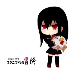 Rule 34 | 1girl, bad id, bad pixiv id, bird, black hair, black thighhighs, chibi, chicken, eyelashes, hair between eyes, holding, long hair, ngayope, no nose, open mouth, original, pig, pleated skirt, red eyes, school uniform, shoes, skirt, solo, thighhighs, uniform
