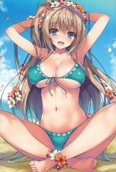 Rule 34 | 1girl, absurdres, armpits, arms up, bare shoulders, barefoot, beach, bikini, blue sky, blush, breasts, brown hair, cleavage, cloud, cloudy sky, collarbone, day, flower, flower anklet, frilled bikini, frills, front-tie top, green bikini, green eyes, hair flower, hair ornament, highres, indian style, large breasts, long hair, looking at viewer, navel, ocean, open mouth, original, outdoors, petals, scan, shiny skin, sitting, sky, smile, solo, swimsuit, toes, tomose shunsaku, very long hair, water