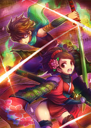 Rule 34 | 1boy, 1girl, armor, bags under eyes, brown eyes, brown hair, cherry blossoms, comb, fighting stance, flower, gauntlets, hair flower, hair ornament, hitodama, holding, holding sword, holding weapon, japanese armor, japanese clothes, kara (color), katana, kimono, kisuke, kusazuri, momohime, oboro muramasa, open mouth, parted lips, ready to draw, scarf, sheath, short kimono, skull, suneate, sword, thighhighs, weapon
