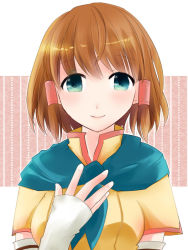 Rule 34 | 1girl, blue eyes, brown hair, detached sleeves, fire emblem, fire emblem: path of radiance, gloves, hair tubes, hand on own chest, konacopoi, looking at viewer, mist (fire emblem), nintendo, scarf, shirt, short hair, sleeves past wrists, smile, solo, upper body