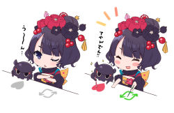 Rule 34 | 1girl, :d, ;&lt;, ^ ^, animal, black hair, black kimono, blush, blush stickers, closed eyes, commentary request, crossed arms, fate/grand order, fate (series), fur collar, hair bun, hair ornament, heart, holding, holding paintbrush, japanese clothes, katsushika hokusai (fate), kimono, ko yu, notice lines, octopus, one eye closed, open mouth, paintbrush, parted lips, purple eyes, short hair, single hair bun, smile, sparkle, tokitarou (fate), translation request, triangle mouth, twitter username, v-shaped eyebrows, white background