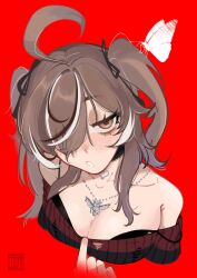 Rule 34 | 1girl, absurdres, ahoge, breasts, brown eyes, brown hair, bug, butterfly, cleavage, clothes tug, cropped torso, hair over one eye, highres, hololive, hololive english, insect, jewelry, jitome, nanashi mumei, nanashi mumei (emo), pendant, red background, sakanayukii, strap slip, striped clothes, striped sweater, sweater, sweater tug, two side up, virtual youtuber