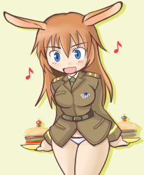 Rule 34 | 1girl, animal ears, blue eyes, breasts, rabbit ears, burger, charlotte e. yeager, food, medium breasts, military, military uniform, music, non-web source, panties, singing, solo, strike witches, underwear, uniform, world witches series