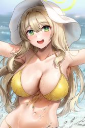 Rule 34 | :d, bikini, blonde hair, blue archive, breasts, cleavage, commentary, dripping, gijang, green eyes, halo, hat, highres, large breasts, looking at viewer, navel, nonomi (blue archive), nonomi (swimsuit) (blue archive), open mouth, outstretched arm, smile, splashing, sun hat, swimsuit, upper body, wet, wet clothes, wet swimsuit, yellow bikini