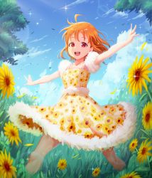 Rule 34 | 1girl, :d, artist name, artist request, cloud, feet out of frame, female focus, floral print, flower, grass, highres, legs, legs apart, lens flare, looking at viewer, love live!, love live! sunshine!!, nature, open mouth, orange hair, outdoors, outstretched arms, puffy short sleeves, puffy sleeves, red eyes, short hair, short sleeves, sky, smile, spread arms, star (symbol), starry background, sunflower, sunflower print, takami chika, teeth, thighs