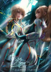 Rule 34 | 1girl, ass, axsen, banned artist, blonde hair, blue eyes, blush, bodysuit, breasts, highres, large breasts, long hair, looking at viewer, metroid, metroid dread, mirror, mole, mole under mouth, nintendo, ponytail, samus aran, simple background, skin tight, smile, solo, zero suit