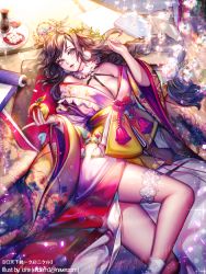 Rule 34 | &#039;o&#039;ne, artist name, book, braid, breasts, brown eyes, brown hair, cleavage, dango, floral print, food, fruit, hand up, holding, holding food, holding fruit, japanese clothes, long hair, looking at viewer, lying, medium breasts, on back, scroll, socks, solo, tenka touitsu chronicle, thighlet, tray, twisted torso, wagashi, white socks, wide sleeves