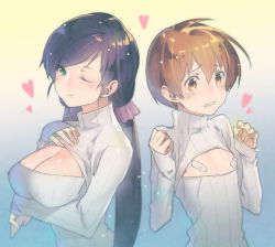 Rule 34 | 10s, 2girls, bandaid, bandaids on nipples, blush, breast hold, breasts, cleavage, cleavage cutout, clothing cutout, covered erect nipples, flat chest, green eyes, hand on own chest, heart, hoshizora rin, large breasts, long hair, looking at viewer, love live!, love live! school idol project, low twintails, meme attire, misti, multiple girls, one eye closed, open-chest sweater, pasties, purple hair, ribbed sweater, short hair, smile, sweater, tojo nozomi, turtleneck, twintails, upper body, yellow eyes