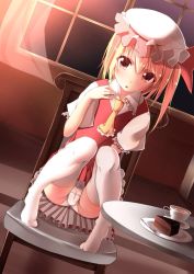 Rule 34 | 1girl, arm support, ascot, asymmetrical hair, blonde hair, cake, cake slice, chair, chobi (h173c107), chocolate cake, cup, dress, dutch angle, flandre scarlet, food, fork, hand on own chest, hat, highres, indoors, looking at viewer, mob cap, no shoes, no wings, panties, pantyshot, plate, puffy short sleeves, puffy sleeves, red dress, red eyes, red skirt, short sleeves, sitting, skirt, solo, table, tea, teacup, thighhighs, thighs, touhou, underwear, white panties, window