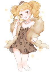 Rule 34 | 1girl, :d, animal print, artist name, bad id, bad twitter id, bare shoulders, beads, blonde hair, blush, bracelet, breasts, brown dress, brown eyes, cake, cheesecake cookie, cookie run, cropped legs, curly hair, dress, earrings, envelope, feather boa, fishnet pantyhose, fishnets, food, food on head, head tilt, holding, jewelry, leopard print, looking at viewer, marin (myuy 3), mole, mole under eye, necklace, object on head, open mouth, pantyhose, parted bangs, pearl necklace, polka dot, short dress, short twintails, signature, simple background, small breasts, smile, solo, standing, strapless, strapless dress, swept bangs, thigh gap, twintails, white background