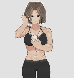 Rule 34 | 1girl, abs, bikini, bikini top only, breasts, brown eyes, brown hair, closed mouth, earphones, grey background, highres, holding, holding phone, korean commentary, large breasts, muscular, muscular female, navel, oddsnail, original, pants, phone, short hair, simple background, solo, swimsuit, track pants