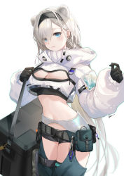 Rule 34 | 1girl, absurdres, animal ears, arknights, aurora (arknights), bear ears, black gloves, black hairband, black shirt, blue eyes, blush, breasts, chaps, cleavage, cleavage cutout, clothing cutout, commentary, cowboy shot, crop top, cropped jacket, gloves, grey shorts, hairband, highres, jacket, kawausoman, large breasts, long hair, looking at viewer, micro shorts, midriff, navel, pouch, shirt, shorts, simple background, smile, solo, standing, stomach, thighs, very long hair, white background, white hair, white jacket