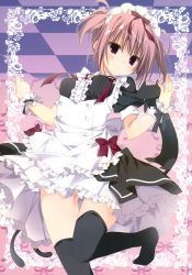 Rule 34 | 1girl, =&lt;, absurdres, black thighhighs, cat, checkered ceiling, dress, highres, inugami kira, maid, pink hair, purple eyes, thighhighs, two side up, wrist cuffs