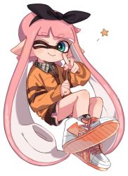 Rule 34 | 1girl, ;), black ribbon, black shorts, blue eyes, blunt bangs, blush, cardigan, closed mouth, collared shirt, commentary, cross-laced footwear, dolphin shorts, floating, grey shirt, hair ribbon, inkling, inkling girl, inkling player character, light blush, long hair, long sleeves, looking at viewer, maco spl, mask, nintendo, no socks, one eye closed, orange cardigan, pink hair, pointy ears, ribbon, shirt, shoes, short shorts, shorts, simple background, smile, solo, star (symbol), symbol-only commentary, tentacle hair, v, very long hair, white background, white footwear