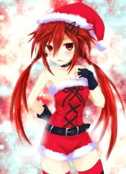 Rule 34 | 1girl, arms behind back, bare shoulders, belt, black gloves, blush, braid, choker, fingerless gloves, gloves, hair ornament, hairclip, hat, highres, long hair, looking at viewer, low twintails, neptune (series), niche-tan, open mouth, orange eyes, red hair, santa costume, santa hat, shin jigen game neptune vii, solo, tennouboshi uzume, thighhighs, twin braids, twintails