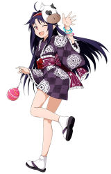Rule 34 | 1girl, ahoge, bow, bracelet, elbow gloves, full body, gloves, holding, japanese clothes, jewelry, kimono, long hair, looking at viewer, mask, mask on head, non-web source, official art, one eye closed, open mouth, pointy ears, purple hair, red bow, red eyes, sandals, sash, short kimono, short yukata, simple background, solo, star (symbol), sword art online, tabi, twisted torso, white background, yukata, yuuki (sao)