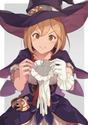 Rule 34 | blonde hair, blush, brown eyes, collarbone, djeeta (granblue fantasy), giving, glove spread, gloves, unworn gloves, granblue fantasy, hat, hinami (hinatamizu), looking at viewer, sexually suggestive, short hair, short sleeves, single glove, smile, waist cape, white gloves, witch hat