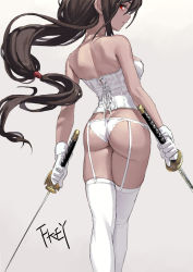 Rule 34 | 1girl, artist name, ass, bare arms, bare shoulders, breasts, brown hair, commentary request, corset, dual wielding, feet out of frame, fkey, from behind, garter belt, garter straps, gloves, grey background, highres, holding, holding sword, holding weapon, katana, legs together, long hair, looking at viewer, looking back, medium breasts, original, panties, profile, red eyes, sidelocks, signature, simple background, solo, standing, sword, thighhighs, thighs, underwear, underwear only, weapon, white gloves, white panties, white thighhighs