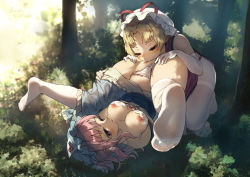 Rule 34 | 2girls, absurdres, alternate eye color, baozishark, blue headwear, blue sash, blurry, blush, bow, bow panties, bra, breasts, clitoris, closed eyes, clothing aside, commentary request, cunnilingus, dappled sunlight, depth of field, elbow gloves, forest, gloves, grass, hat, hat ribbon, highres, long hair, lying, medium breasts, mob cap, multiple girls, nature, nipples, no shoes, obi, on back, on grass, oral, outdoors, panties, panties aside, pantyhose, parted bangs, parted lips, pink hair, purple eyes, red ribbon, ribbon, saigyouji yuyuko, sash, see-through, see-through legwear, short hair, sidelighting, sidelocks, soles, sunlight, tabard, thighband pantyhose, thighhighs, toes, touhou, tree, triangular headpiece, underwear, veil, white bra, white gloves, white headwear, white legwear, white panties, yakumo yukari, yuri