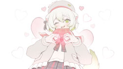 animal_ears artist_name beret braid ceo_of_disgrace english_text fang fangs ferret ferret_ears ferret_girl ferret_tail food fruit gradient_hair green_eyes green_hair hat heart heart_hands highres indie_virtual_youtuber jacket laimu_(vtuber) laimu_(vtuber)_(winter) lime_(fruit) lime_slice multicolored_hair multicolored_tail one_eye_closed open_mouth plaid_clothes plaid_skirt ribbon scarf signature simple_background skirt smile smirk sweater tail two-tone_hair upper_body vinesauce virtual_youtuber white_hair winter_uniform