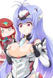 Rule 34 | 2girls, android, areola slip, bad id, bad twitter id, bare shoulders, blue hair, blush, breasts, expressionless, forehead protector, jewelry, kos-mos re:, large breasts, leotard, long hair, multiple girls, nintendo, nkeggg, pyra (xenoblade), red eyes, red hair, short hair, simple background, smile, tavn, tiara, very long hair, white background, white leotard, xenoblade chronicles (series), xenoblade chronicles 2, xenosaga