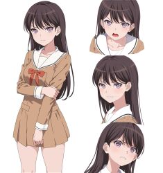 Rule 34 | 1girl, angry, bang dream!, bang dream! it&#039;s mygo!!!!!, breasts, brown hair, commentary, dress, empty eyes, fries vanquisher, frown, glaring, hanasakigawa school uniform, highres, long hair, looking at viewer, medium breasts, mole, mole under eye, multiple views, pleated skirt, purple eyes, sailor dress, school uniform, shiina taki, simple background, skirt, v-shaped eyebrows, white background