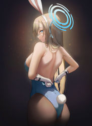 Rule 34 | $hu, 1girl, absurdres, adjusting clothes, animal ears, arms behind back, ass, asuna (blue archive), asuna (bunny) (blue archive), back, bare shoulders, blue archive, blue eyes, blue leotard, blush, breasts, brown pantyhose, detached collar, elbow gloves, fake animal ears, gloves, hair over one eye, halo, highleg, highleg leotard, highres, large breasts, leotard, light brown hair, long hair, looking at viewer, looking back, pantyhose, playboy bunny, rabbit ears, rabbit tail, solo, tail, thighs, white gloves