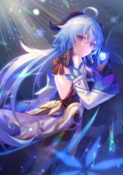 Rule 34 | 1girl, absurdres, ahoge, backless outfit, bare shoulders, black gloves, blue hair, commentary, detached sleeves, from behind, ganyu (genshin impact), genshin impact, gloves, goat horns, highres, horns, light blue hair, long hair, long sleeves, parted lips, purple eyes, solo, wattyon01