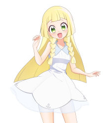 Rule 34 | 1girl, bare shoulders, blonde hair, blush, braid, breasts, collarbone, creatures (company), dress, female focus, game freak, green eyes, hands up, happy, highres, kouzuki (reshika213), lillie (pokemon), looking at viewer, nintendo, open mouth, pokemon, pokemon sm, see-through, simple background, sleeveless, sleeveless dress, small breasts, smile, solo, standing, twin braids, white background, white dress