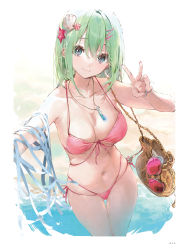 Rule 34 | 1girl, bag, bare shoulders, bikini, blue eyes, breasts, cleavage, closed mouth, collarbone, dsmile, fingernails, green hair, hair ornament, hairclip, hand up, head tilt, highleg, highres, jewelry, looking at viewer, medium breasts, navel, necklace, original, pink bikini, seashell, shell, short hair, simple background, smile, solo, stomach, sunglasses, swimsuit, thighs, v