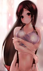 Rule 34 | 1girl, arm under breasts, blush, bonfurai, bottomless, breasts, brown hair, earrings, final fantasy, final fantasy vii, frown, highres, jewelry, large breasts, long hair, looking at viewer, matching hair/eyes, navel, out-of-frame censoring, solo, standing, tifa lockhart
