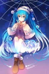 Rule 34 | 1girl, absurdres, bad id, bad pixiv id, baocaizi, blue eyes, blue hair, boots, brown footwear, capelet, closed mouth, copyright name, frown, full body, fur trim, hair between eyes, hatsune miku, highres, knees up, knit hat, layered skirt, long hair, long sleeves, looking at viewer, matching hair/eyes, pantyhose, ribbed sweater, sitting, skirt, solo, sweater, twintails, very long hair, vocaloid, white pantyhose, winter clothes