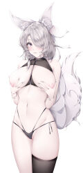 Rule 34 | 1921494015, 1girl, absurdres, animal ear fluff, animal ears, bare arms, bare shoulders, black panties, blush, bracelet, breasts, breasts out, commentary, cowboy shot, fox ears, fox tail, grabbing own breast, grey hair, grey nails, hair over one eye, hair ribbon, highres, jewelry, large breasts, looking at viewer, multi-strapped panties, navel, nipples, original, panties, parted lips, purple eyes, pussy, pussy peek, ribbon, side-tie panties, simple background, single thighhigh, skindentation, solo, tail, thighhighs, underwear, white background