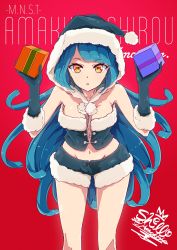 Rule 34 | 10s, 1girl, absurdres, amakusa shirou (monster strike), bare shoulders, blue gloves, blue hair, blue hat, blue shorts, breasts, character name, christmas, cleavage, fur trim, gift, gloves, hat, highres, holding, holding gift, hood, long hair, medium breasts, midriff, monster strike, navel, open mouth, orange eyes, red background, sherumaru (korcht06), short shorts, shorts, solo, swept bangs, very long hair