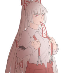 Rule 34 | 1girl, alternate hairstyle, bow, expressionless, fujiwara no mokou, hair bow, long hair, lowres, mefomefo, mouth hold, ofuda, pants, ponytail, red eyes, shirt, solo, suspenders, suspenders pull, touhou, very long hair, white hair