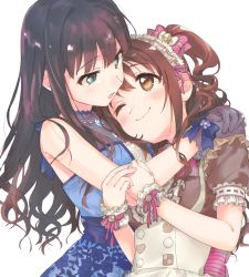 Rule 34 | 2girls, alternate costume, apron, aqua eyes, back bow, bare arms, bare shoulders, blue bow, blue dress, blue gemstone, blush, bow, brown dress, brown eyes, brown hair, buttons, closed mouth, commentary request, dress, enmaided, eternal bloom (idolmaster), eye contact, floral print, frilled dress, frilled sleeves, frills, gem, glove bow, gloves, grey gloves, hair bow, hand on another&#039;s arm, hands on another&#039;s shoulder, hands up, head on chest, highres, idolmaster, idolmaster cinderella girls, idolmaster cinderella girls starlight stage, jewelry, long hair, looking at another, maid, maid headdress, multiple girls, nanonin, necklace, one eye closed, one side up, open mouth, own hands together, pendant, pink bow, pink ribbon, print dress, puffy short sleeves, puffy sleeves, ribbon, shibuya rin, shimamura uzuki, short sleeves, sidelocks, simple background, sleeveless, sleeveless dress, smile, standing, striped bow, striped ribbon, upper body, wavy hair, white apron, white background, wrist cuffs, yuri